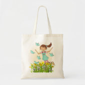 Lente meisje jaagt vogels kunstzak perzik en aqua tote bag (Voorkant)