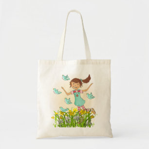 Lente meisje jaagt vogels kunstzak perzik en aqua tote bag