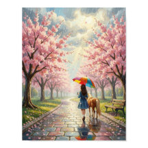 Lente - Meisje met paraplu en pony in regenachtig