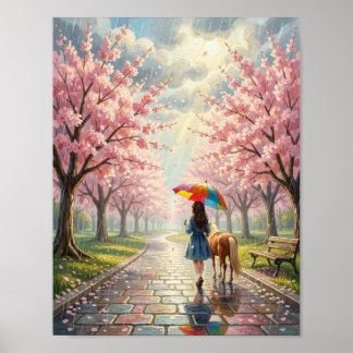 Lente - Meisje met paraplu en pony in regenachtig Poster
