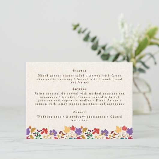 Lente Mosterd Geel Paarse Meadow Bloem Bruiloft Menu (Staand voorkant)