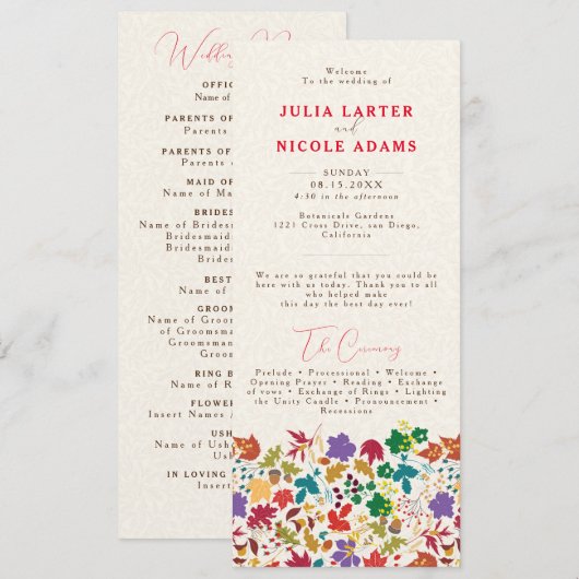 Lente Mosterd Geel Paarse Meadow Bloem Bruiloft Programmakaart (Voorkant / Achterkant)