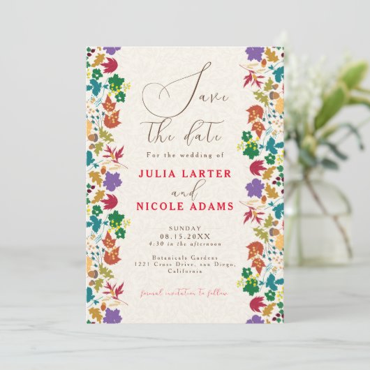 Lente Mosterd Geel Paarse Meadow Bloem Bruiloft Save The Date (Staand voorkant)