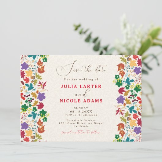 Lente Mosterd Geel Paarse Meadow Bloem Bruiloft Save The Date (Staand voorkant)