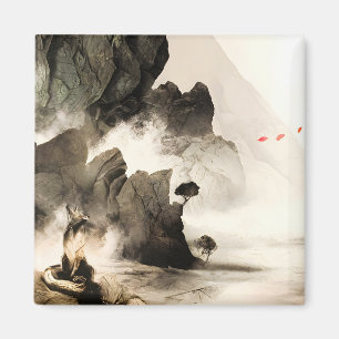 Lente Mystieke Vos Mistige Berg Minimalistische Ze Magneet