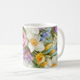 Lente. Narcissen, Hyacinten, Tulpen, Paaseieren Koffiemok