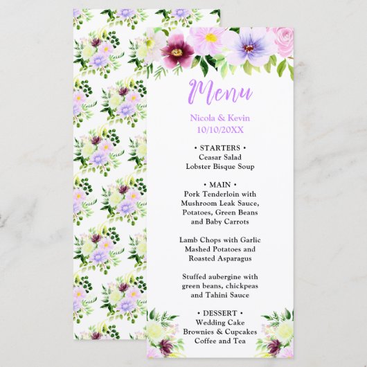 Lente Paarse Bloemen met Loof Menu (Voorkant / Achterkant)
