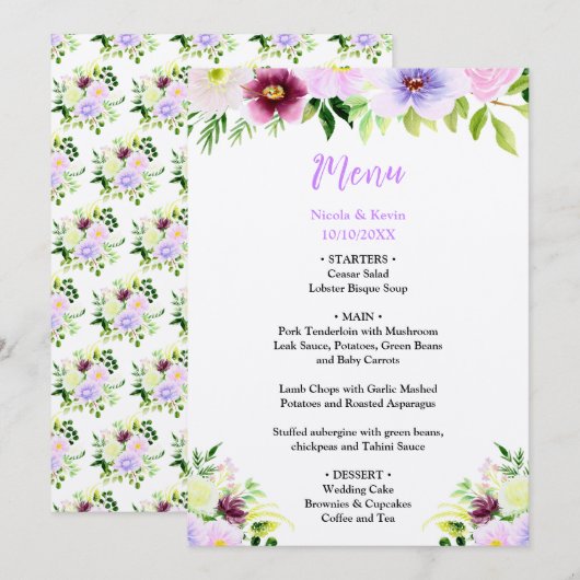 Lente Paarse Bloemen met Loof Menu (Voorkant / Achterkant)
