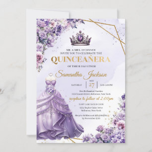 Lente paarse bloemen prinses jurk quinceañera kaart