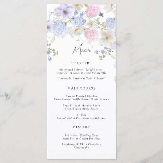 Lente Paarse en roze Wildflower bruiloft Menu (Voorkant)