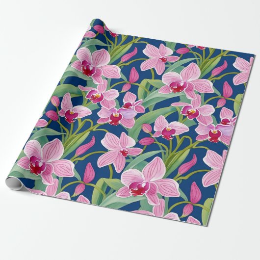 Lente Paarse Roze Orchidee Flora Waterverf Cadeaupapier (Uitgerold)