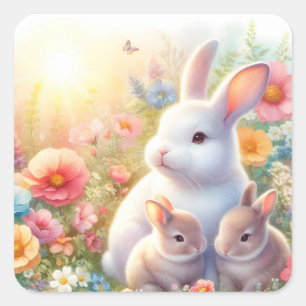 Lente Paashaas Familie Bloem Tuin Vierkante Sticker