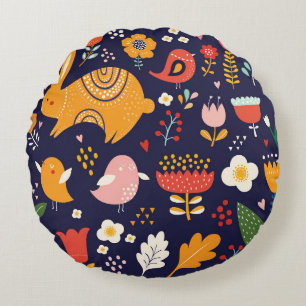 Lente Pasen: bloemen, konijntjes collectie Rond Kussen