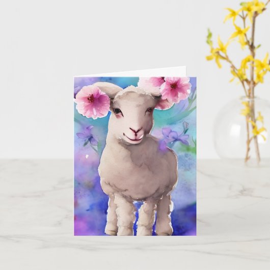 Lente Pasen Lammetje Bloemige Waterverf Kaart (Gele Bloem)
