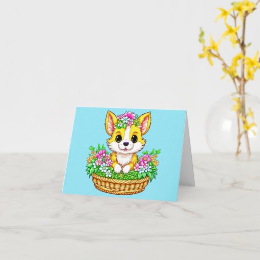 Lente Pasen Schattige Hond in Bloemen Kaart (Gele Bloem)