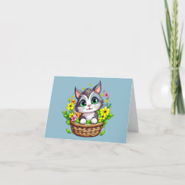 Lente Pasen Schattigee Kat in Bloemen Kaart