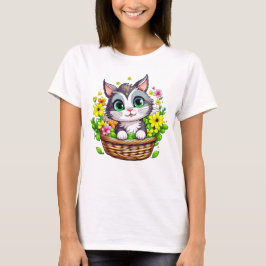 Lente Pasen Schattigee Kat in Bloemen T-shirt