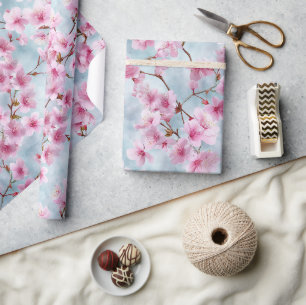 Lente Pastel Roze Blauwe Kersen Watercolor Patroon Cadeaupapier