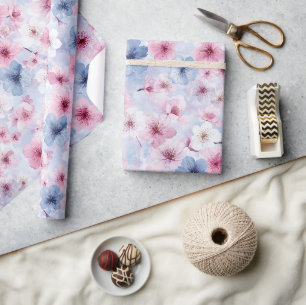 Lente Pastel Roze Blauwe Kersen Watercolor Patroon Cadeaupapier