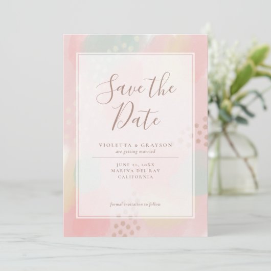 Lente Pastel Roze Moderne Kunst Bruiloft Save The Date (Staand voorkant)