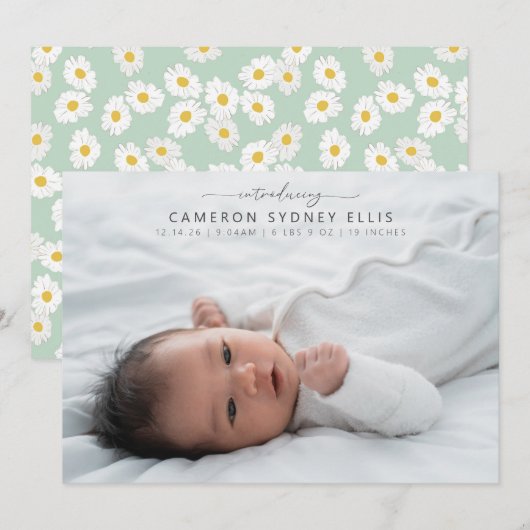 Lente Pastel Salie Groene Madeliefjes Baby Foto Ge Aankondiging (Voorkant / Achterkant)