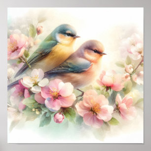 Lente Pastel Zoete Liefdes Vogels Bloesems Bloemen Poster