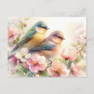 Lente Pastel Zoete Liefdesvogels Bloesems Bloemen Feestdagenkaart