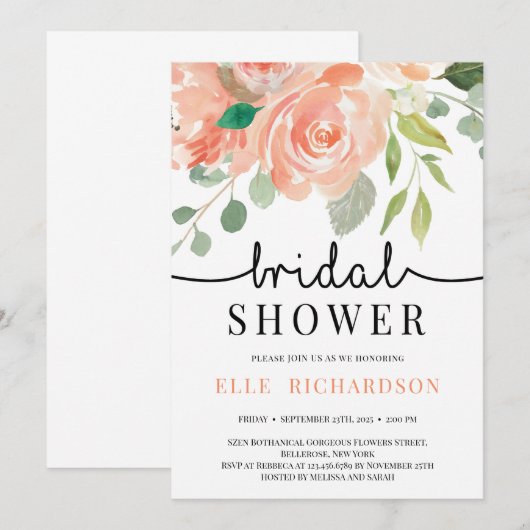 Lente perzik bloemrijke handgeschreven bruidsdouch kaart (Voorkant / Achterkant)