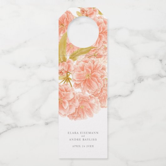 Lente perzik bloesem bloemenaangepaste bruiloft flessenhanger (Voorkant)