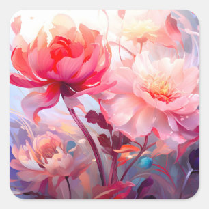 Lente Pioen Bloei Tuin Aquarel Vierkante Sticker