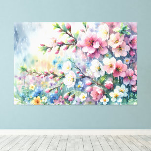 Lente Regen Bloesem Watercolor Cottagecore Canvas Afdruk
