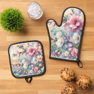 Lente Regen Bloesem Watercolor Cottagecore Ovenwant & Pannenlap Set