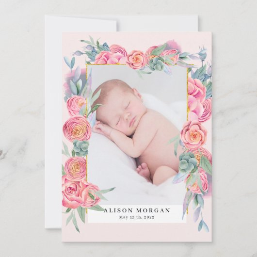 Lente Roze Bloem Goud Foto Geboorte Aankondiging (Voorkant)