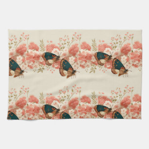 Lente Roze Bloemen met Vlinders Vintage Theedoek