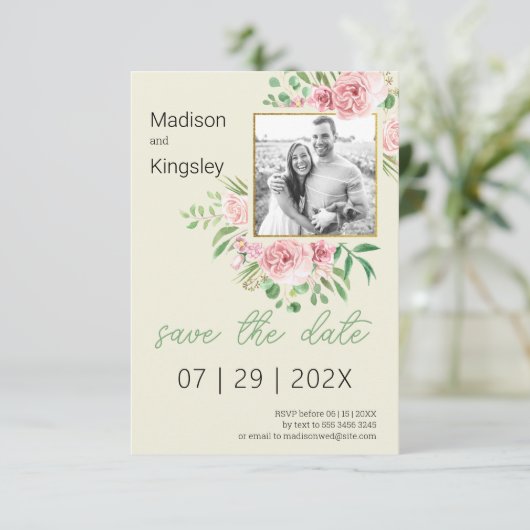 Lente Roze en Geel Bloemen Save the Date Foto (Staand voorkant)
