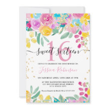 Lente roze geel bloemengoud script Sweet 16