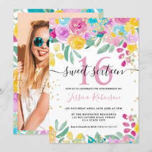 Lente roze geel bloemengoud script Sweet 16 Kaart