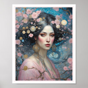 Lente Roze Kersenbloesem Vrouw Blauwe Ogen Poster