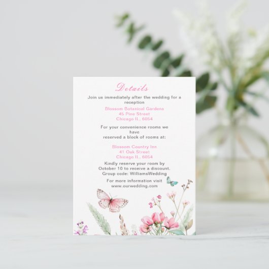 Lente Roze Vlinder Bloem Bruiloft Informatiekaartje (Staand voorkant)