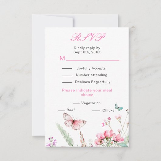 Lente roze Vlinder Bloem Bruiloft RSVP Kaartje (Voorkant)