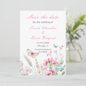 Lente Roze Vlinder Bloem Bruiloft Save The Date (Staand voorkant)