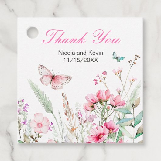 Lente Roze Vlinder Bloemen Huwelijk Bedankjes Labels (Voorkant)