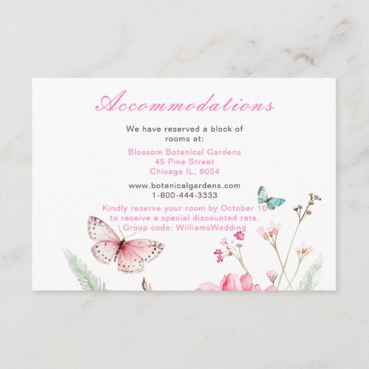 Lente Roze Vlinder Bloemen Huwelijk Informatiekaartje (Voorkant)
