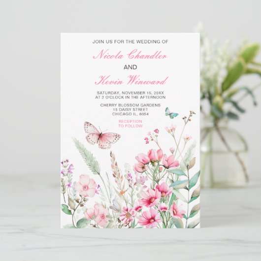 Lente Roze Vlinder Bloemen Huwelijk Kaart (Staand voorkant)