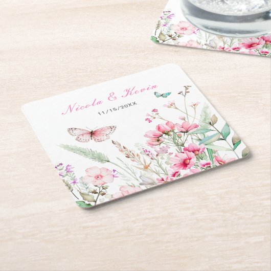 Lente Roze Vlinder Bloemen Huwelijk Kartonnen Onderzetters (Schuin)