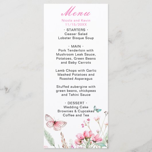 Lente Roze Vlinder Bloemen Huwelijk Menu (Voorkant)