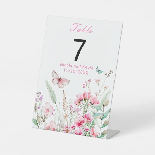 Lente Roze Vlinder Bloemen Huwelijk Reclamebord Met Voetstuk (Voorkant)
