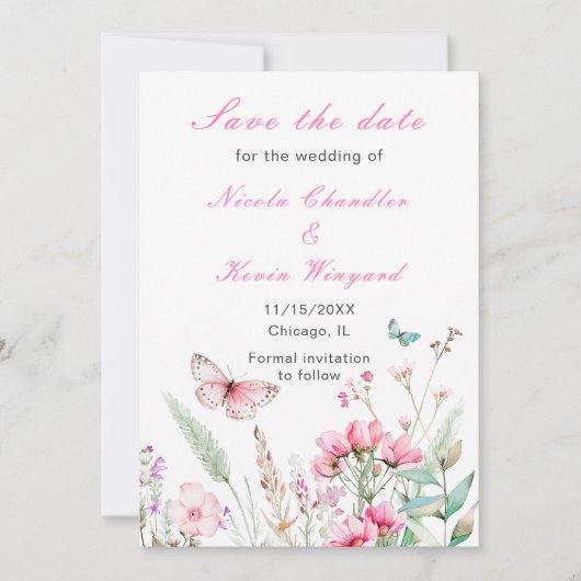 Lente Roze Vlinder Bloemen Huwelijk Save The Date (Voorkant)