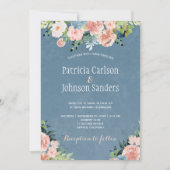 Lente rustiek stoffig blauw en blos bloesem bruilo kaart (Voorkant)