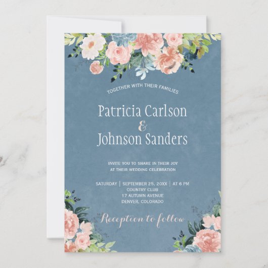 Lente rustiek stoffig blauw en blos bloesem bruilo kaart (Voorkant)